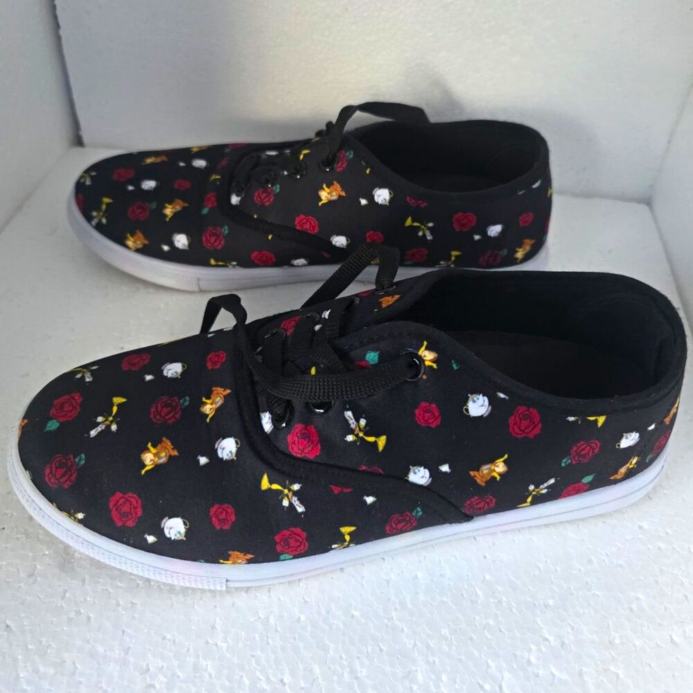 Disney Black Floral Cotton Lace-Up Low Top Sneakers Round Toe Casual US 8.5
